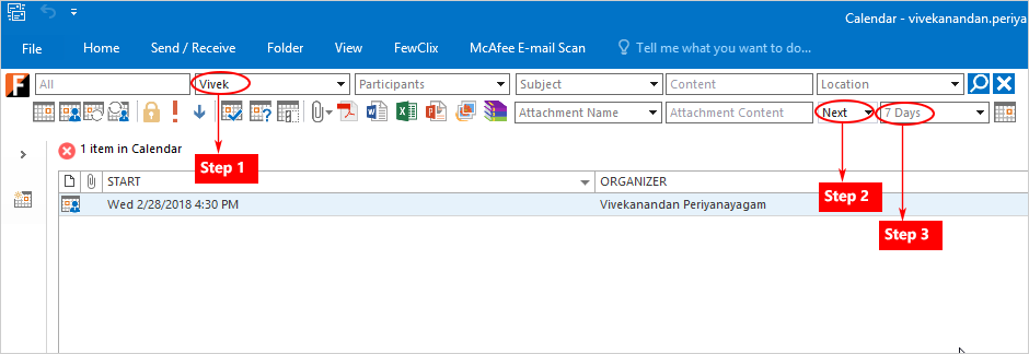 FewClix for Outlook Find ANY meeting